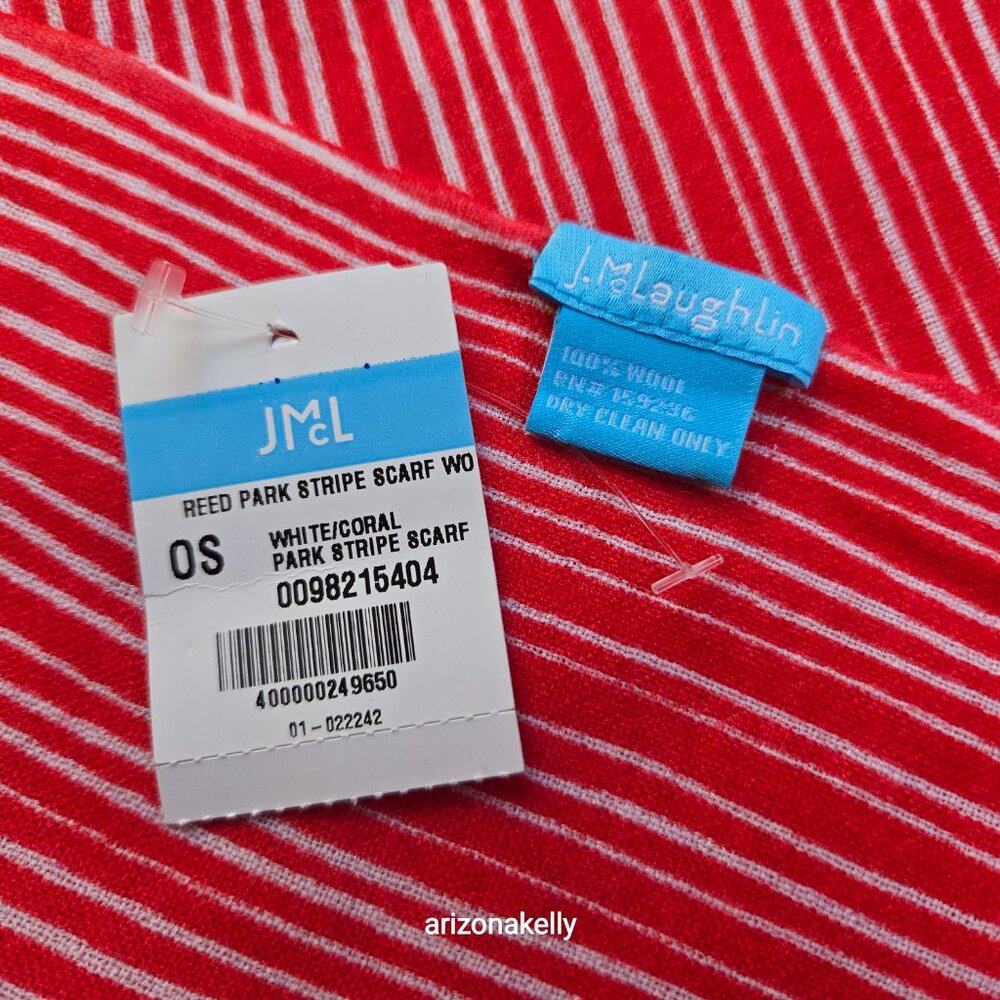 NWT J. McLaughlin Wool Scarf Lightweight Soft Park Stripe Red Coral - Picture 2 of 9